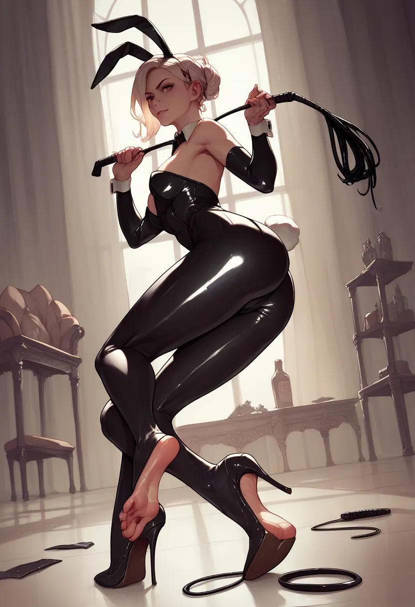 yakumo beni, latex clothes, bunny girl,high heels, high heel soles,whip,