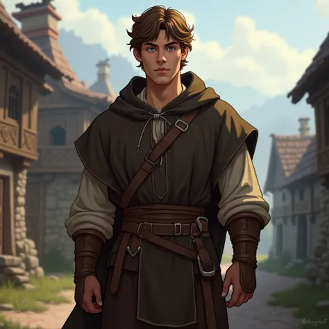 full body shot of a medieval peasant that looks like a minecraft villager. They have brown hair, blue eyes and are a young adult man at 27 years old. They are wearing dark, brown clothes. They have a slightly muscular figure and are standing against a vill...