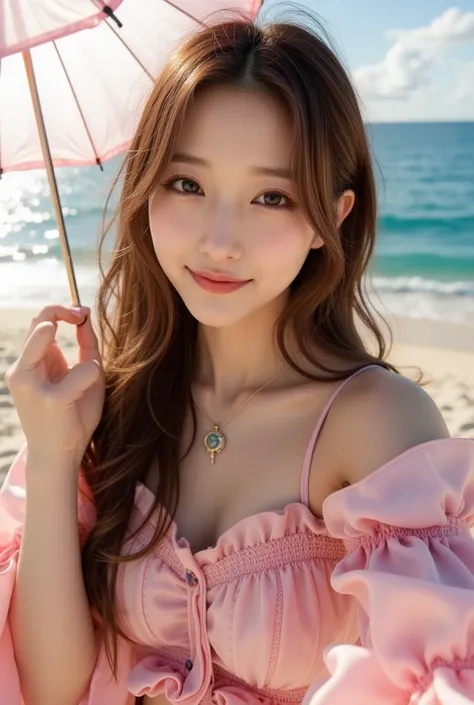 A beautiful young 36-year-old Asian woman with long hair wearing a pink dress, holding an umbrella, taking a selfie on a beach, sunlight shining through her hair illuminating her face, with exquisite makeup, large bust, big eyes, double eyelids, fair skin,...