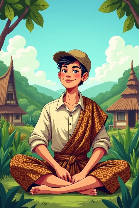 Make a cartoon image of a young man sitting sitting around using traditional Javanese clothes 