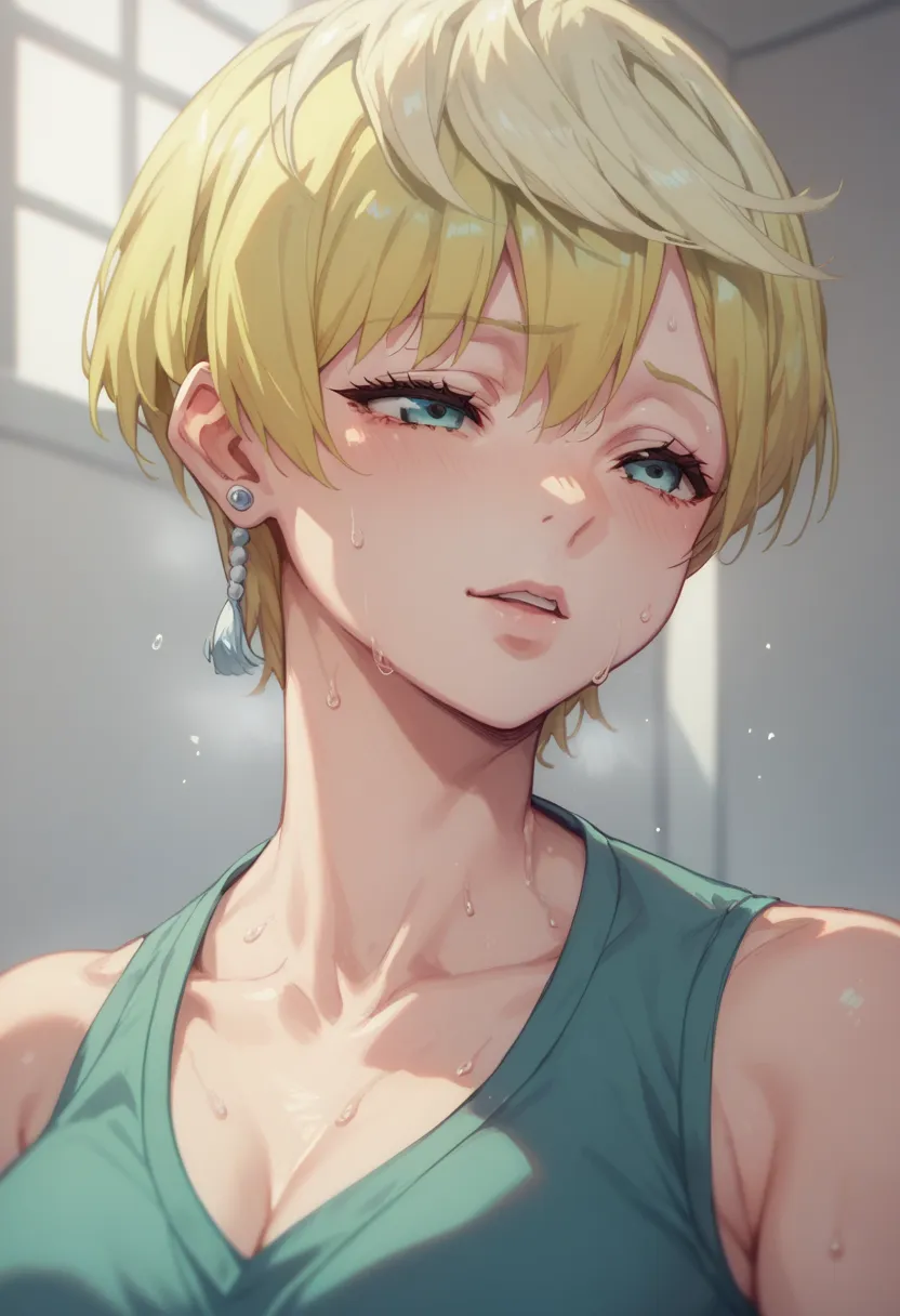 masterpiece, best quality,1girl, tenka izumo, white skin color , blonde hair , short hair , upper body,sweat