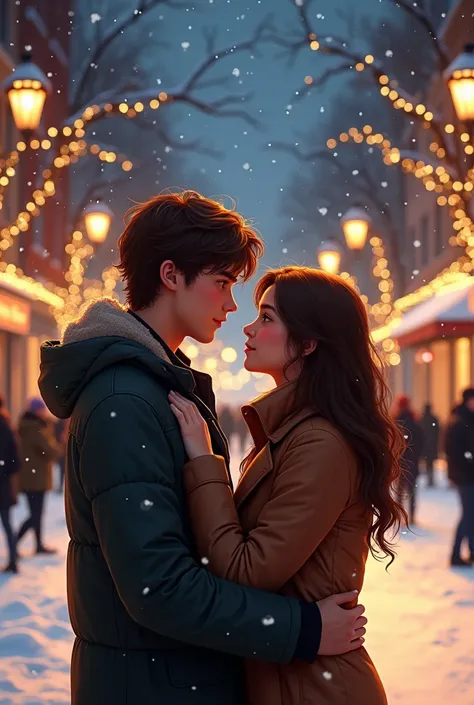 Boy around 18-20 years old .
 brown wavy hair with his girlfriend in the city at night.  lots of little lights are on and it is white winter time  