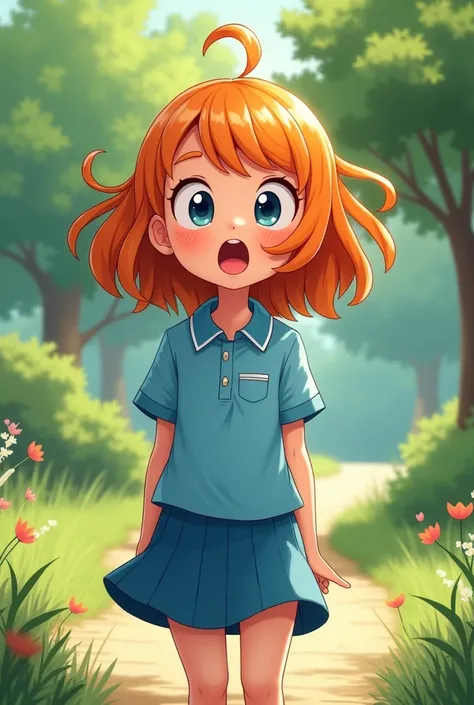  a drawing of a girl with orange hair, with blue polo shirt and blue skirt ,  who is surprised in a park 