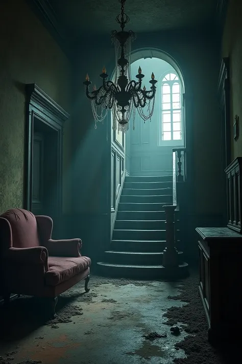 "An eerie, dimly lit mansion interior with cobweb-covered chandeliers hanging from the ceiling. Dusty furniture and peeling wallpaper line the room. A wooden staircase winds upward into darkness, and faint light streams through cracked windows, creating lo...