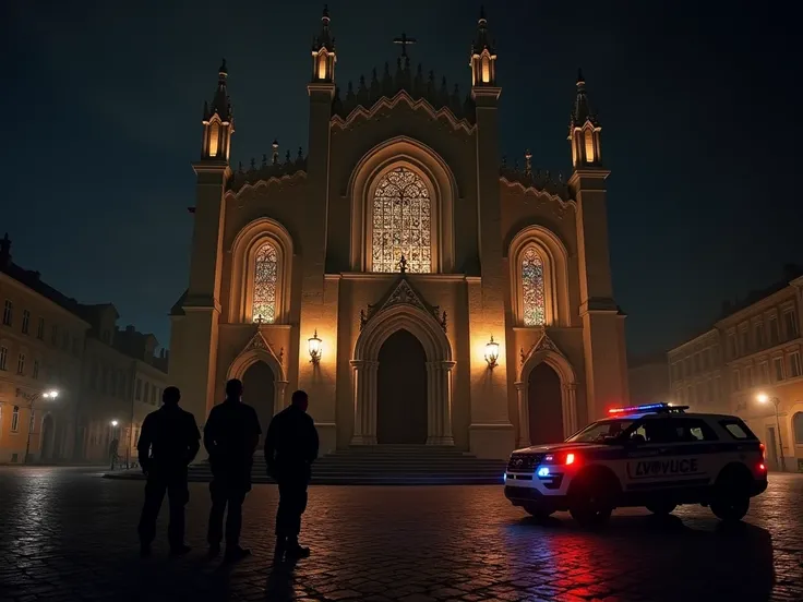  Gothic church with candle lights illuminating the façade , with dense shadows on the wall .  ((Three policemen)) with their backs and a parked police vehicle. Alta resolução, Melhor qualidade, Detalhes altos, Ultra HD, 