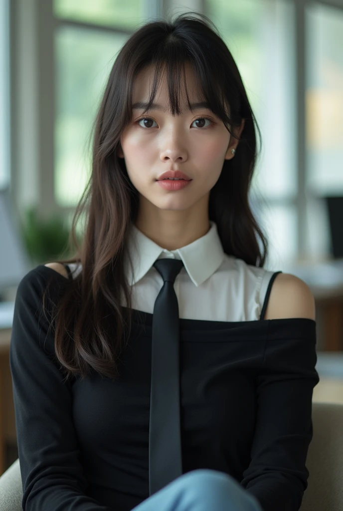 (8k, RAW photo:1.2), (japanese woman:1.5), 30 y.o, detailed face and eyes, high quality, high resolution, very detailed, office room, ((off shoulder dark long sleeve casual t-shirt with white collared shirt on the inside)), long straight hair, flat bangs, ...