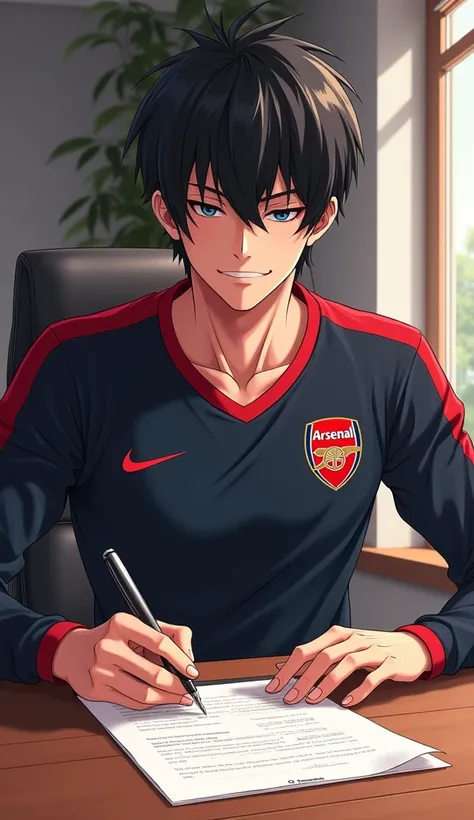 Handsome Adult Tsubasa Ozora signs contract with Arsenal Masterpiece, Accurate, Award Winning, Textured Skin, Anime Style, Anime, Black Hair, 