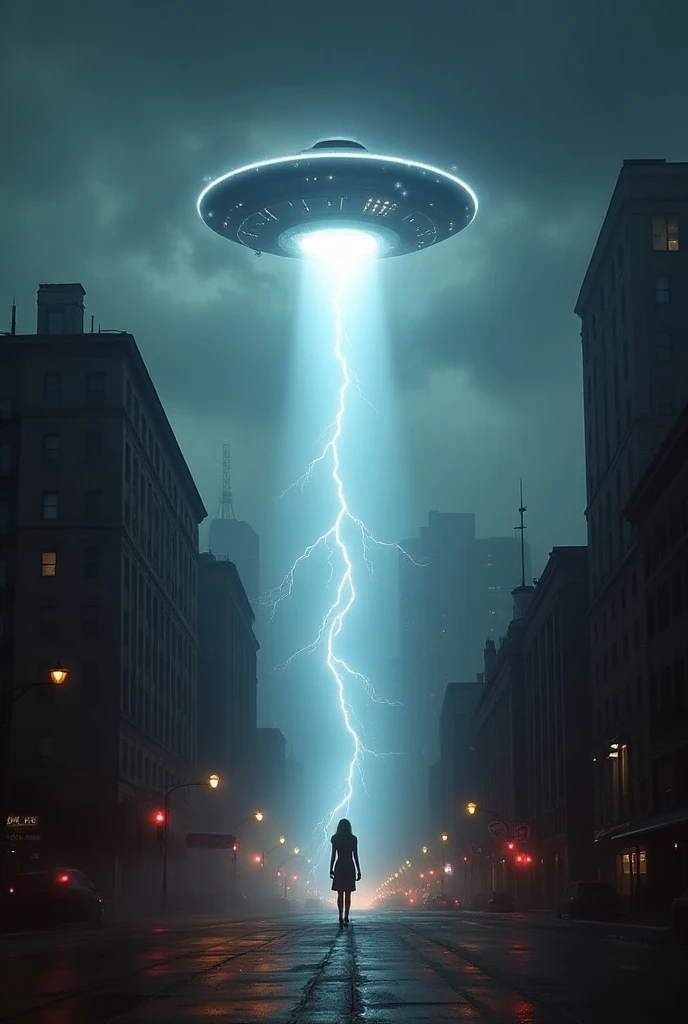  A New York-like city landscape from the 80s , with buildings,  skyscraper. from the sky,  a UFO emits a beam that illuminates a point where a woman is seen being abducted. Lightning light is the point of attraction .