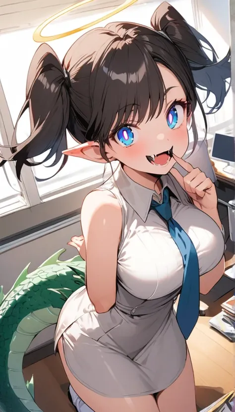 Momok, Halo, Short twin tails, trumpet,  bright pupils, Ahog, Pointed ears, (Dragon Tail:1.1), Collared Shirt Dress ,  Sleeveless Dress , tie,  big breasts , (Point to viewer:1.035),  Cover your mouth , Hand to mouth , Fangs, ( Confidence :1.2), :d, Open y...