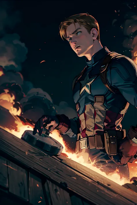 captain america  (steve rogers )  during the second world war watching a hydra base exploding in the distance