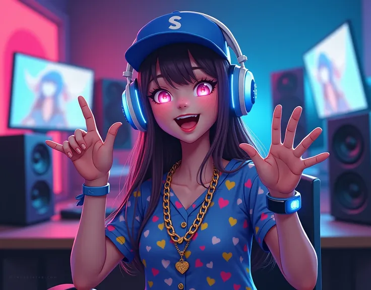  better image quality , detailed,  a very lively and happy player with glowing eyes and making a beauty sign for the camera with a headset a large hetset "blue and white" or music coming from God the clothes clothes to be blouse blouse blusaamam coramamama...