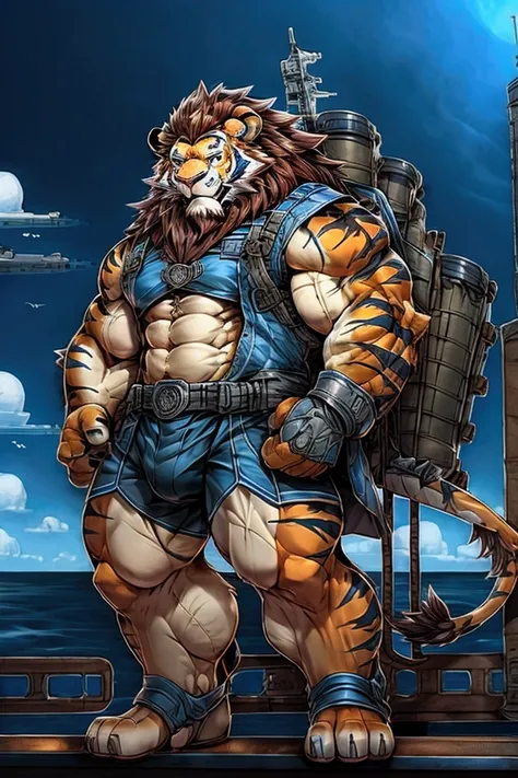 Tiger、dragon、lion、A bridge and an electromagnetic mast on the back、 Aircraft Deck 、uniform、navy、 muscular man、 Blue Flame in Left Hand 、 Basket in Right Hand 、 battleship outfitting on the back and right、 lower back and left aircraft carrier outfitting 、Ha...