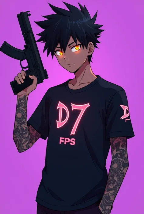 "An anime-style character resembling the original design but with several changes: the character is a young male with a darker skin tone and short spiky hair styled upward. His glowing, fiery orange eyes emit a sense of power. He holds a submachine gun in ...