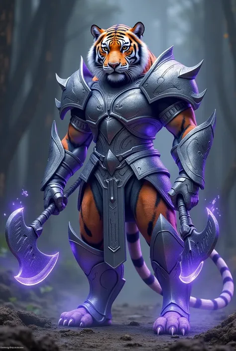  An orange tiger standing with giant silver armor that covers its entire body, And that shines purple and releases small blue rays , holding two axes