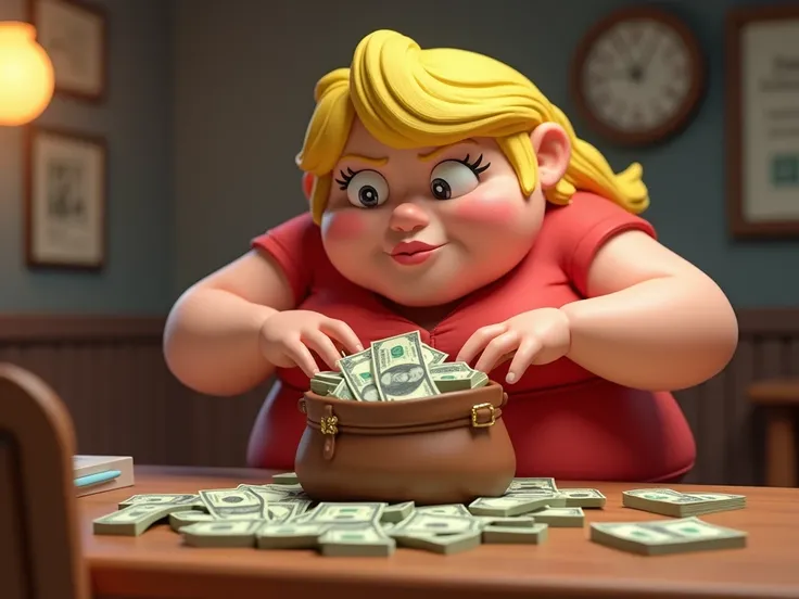  The fat boss with the blond hair,  finds all the money in Larissas brown bag, And Larissa doesnt believe it ,  and her colleague is happy with what happened . 3D style disney