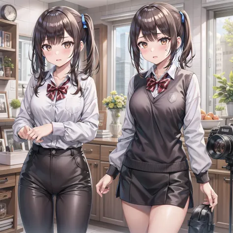 A  girl climbs the stairs,  school uniform,  black pants, ニーソックス, camera looking in from below, brown hair, brown hair, light brown hair, side ponytail, mole under eye, flustered, UHD, retina, masterpiece, anatomically correct, accurate, textured skin, sup...