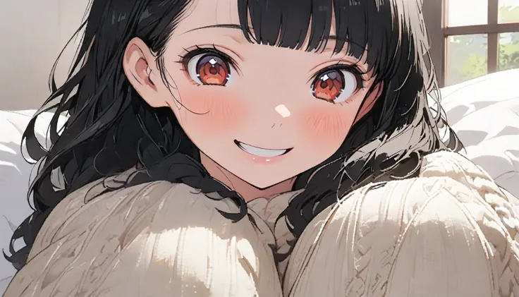 1 person, woman, ( blushing), (smile),grinning,Red cheeks, ((  shy expression)), ((Long black hair:1.4)),  Brown Eyes , Long eyelashes,  Big Breasts , knit, ( on the bed), masterpiece, , Anime Style,