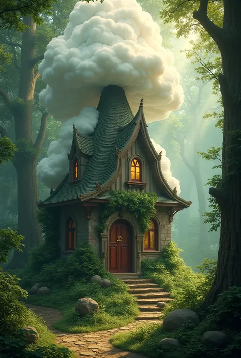 a magical house insnide a forest with a roof made up of clouds and the sunrays is heading in the roof. (9:16)
