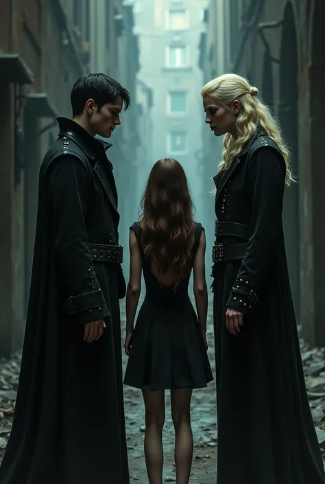 Two vampires one with short hair ,  black and the other blonde and a standing girl with brown hair,  next to them and an alley and background  
