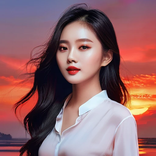 arafed woman with a black shirt and a red sunset, yanjun chengt, chinese girl, inspired by Yanjun Cheng, gorgeous chinese model, high quality portrait, beautiful asian girl, beautiful south korean woman, young and cute girl, beautiful digital artwork, with...