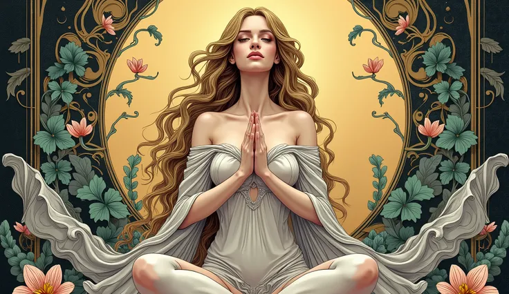 A tarot card of a gorgeous beautiful goddess praying pose, large breast, wasp waist, fractal magic, illustration in the style of Travis Charest, ink linework, poster, Elle Fanning model, cgsociety, fantasy art, detailed illustration, mystical, A botanical ...