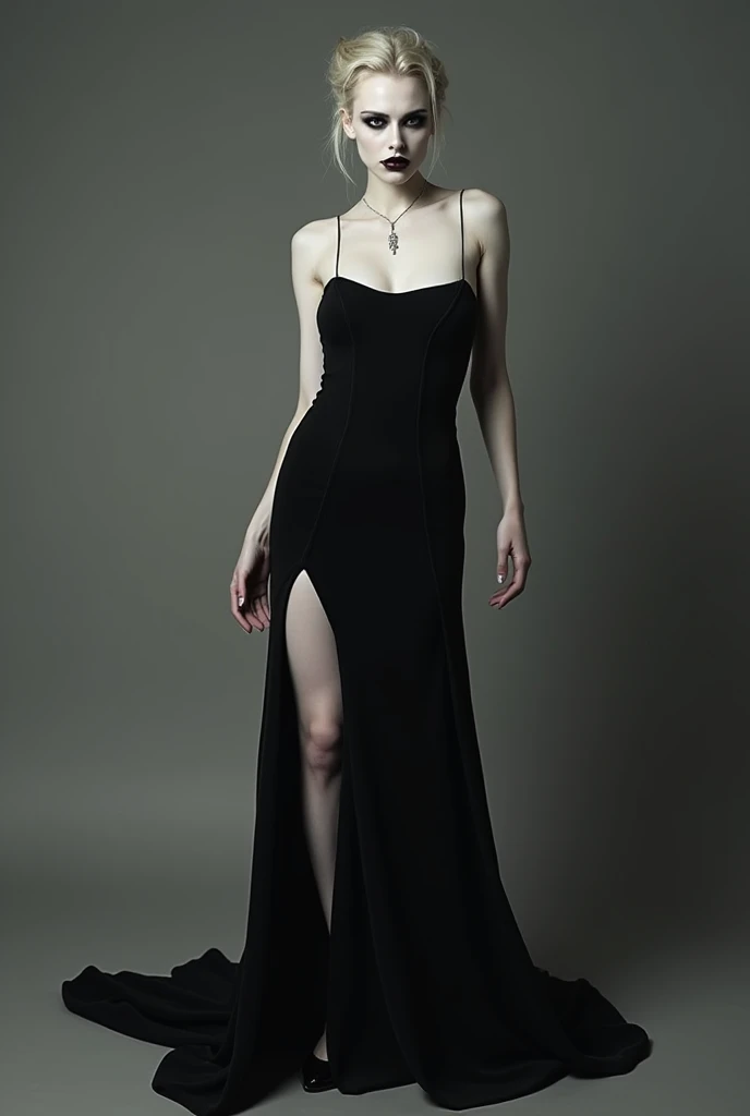 white-skinned woman wearing black makeup wearing a long black dress with a slit in the leg of one shoulder with black stiletto heels posing for a photo