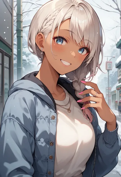 Score_9, score_8_up, score_7_up, score_6_up, source_anime, rating:general, 1girl, Gyaruu, Gyaru, tanned skin, upper body, small smile, blush, casual winter clothing, platinum hair, side braid, straight bangs, light blue eyes, early twenties, snowy countrys...