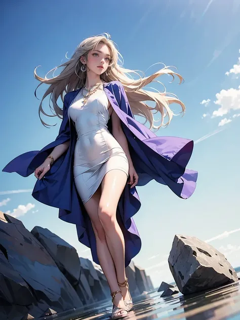 (Translator:.95), ((High angle view of the beautiful goddess of the wind 、 on the prairie and on the rocks))、Controlling the Wind, full body shot、Gorgeous hair accessories、 Silver and Grey Mesh Hair 、Violet Eye 、( glamorous )、 Sexy Wind Dress 、Robe, Neckla...