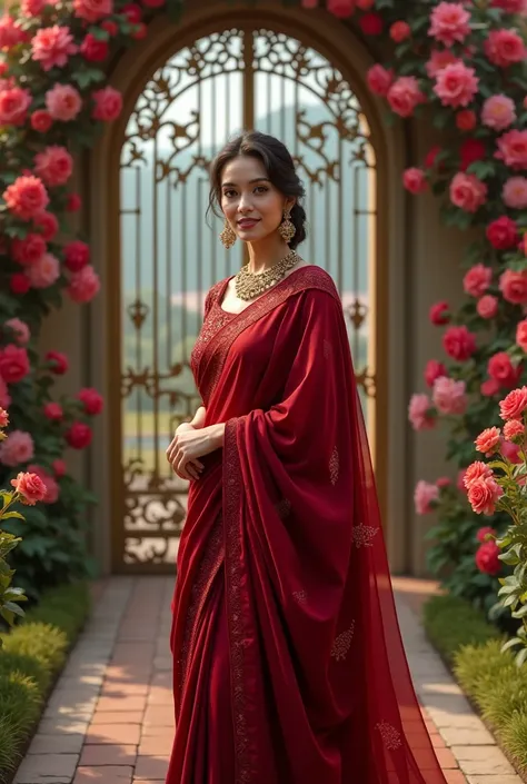 A beautiful woman in designing dark red saree and zoom view in front of flowers gate realistic 