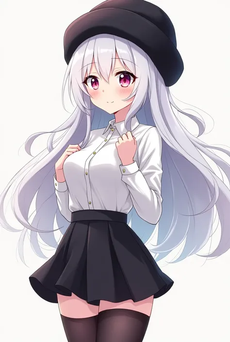   An anime girl in a white shirt and a short black skirt,   in addition to wearing a black Russian Ushanka ,   and in her pupils a shape of a heart  , Her long white hair  ,  and she has long black tights 