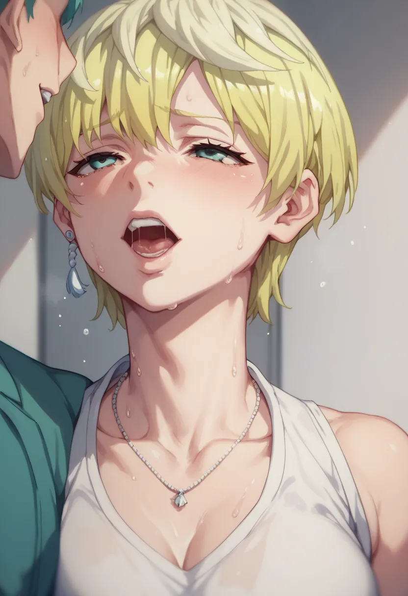 masterpiece, best quality,1girl, tenka izumo, white skin color , blonde hair , short hair , upper body,sweat,sex