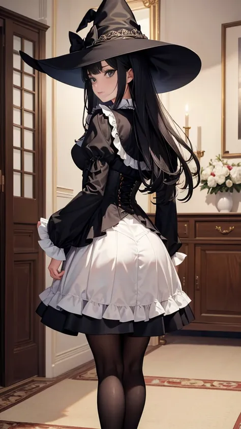  masterpiece,  Best quality , high resolution,  beautiful detailed eyes ,  extremely detailed face, Detailed CG, 1 girl; standing, view from behind, looking at the viewer,  long black hair , black eyes,  impossible clothing with ruffles , blouse, black cor...