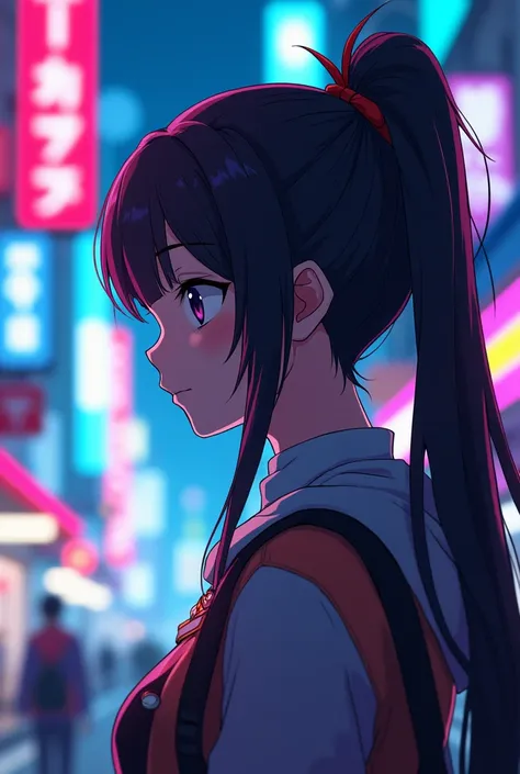 Colorful profile picture of a female character in an anime style. It has distinct characteristics from the anime Oshi no Ko. The scene takes place in a futuristic city with neon lights. The environment is exciting and adventurous. The camera settings are a...