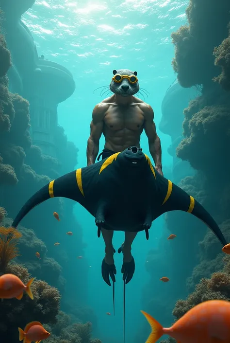  An athletic man with Beaver Head Gold swimming lenses,  mounted on a large black manta ray with yellow lines , in the depths of the ocean ,  a modern city must be distinguished under a dome , as well as some fish and corals , You should notice small fins ...