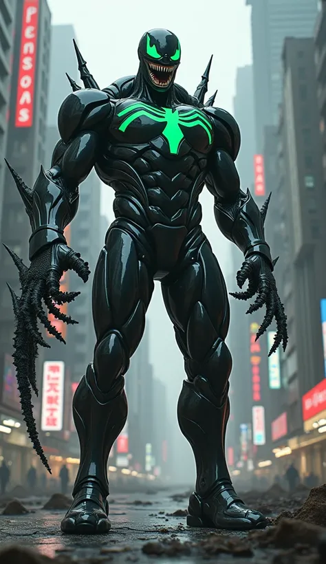 A hybrid character formed from the fusion of Lex Luthor and Venom, towering with a menacing and dark aura, the body is a seamless blend of high-tech armor and the chaotic, alien form of the symbiote, the character’s torso is clad in a dark, polished versio...