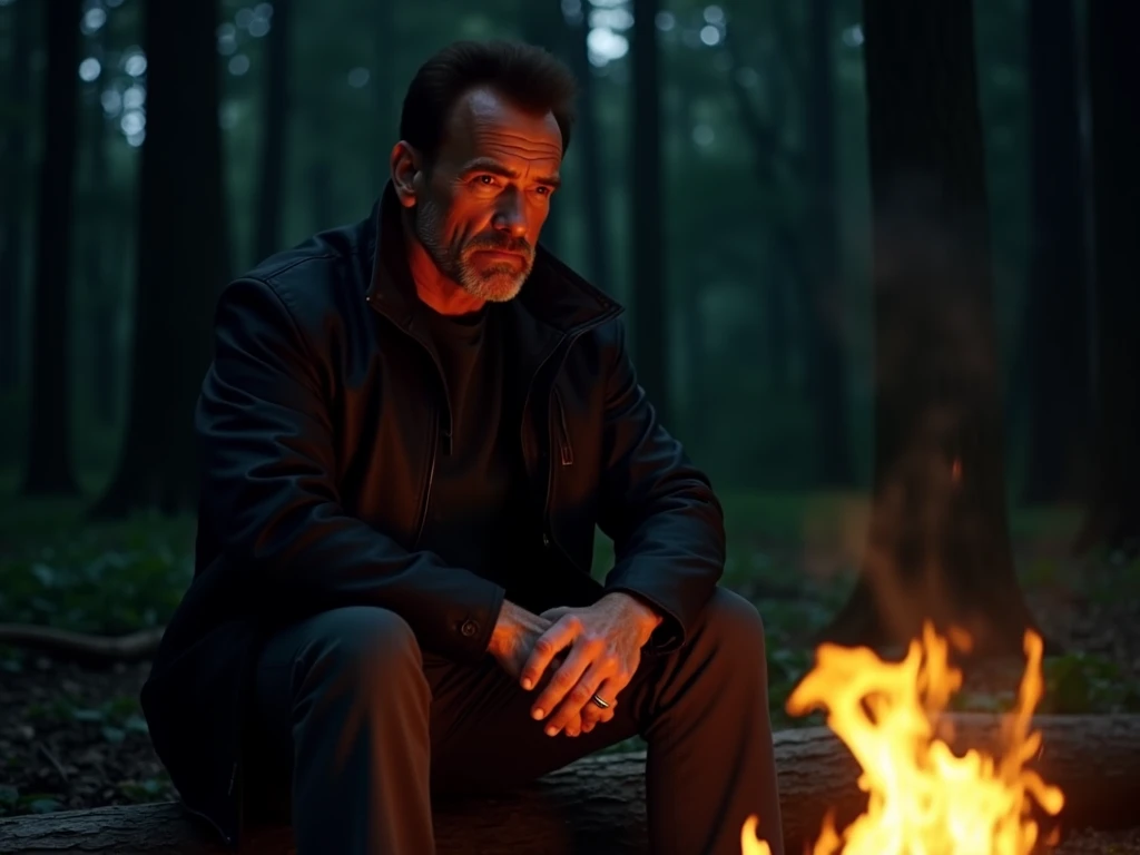 forest environment, on a dark night, a bonfire in the middle, next to it sitting on a wooden log we have Arnold Schwarzenegger, 60 years old, focus on the calm serene face shadows under his face illuminated only by the weak flame of the bonfire, black jack...