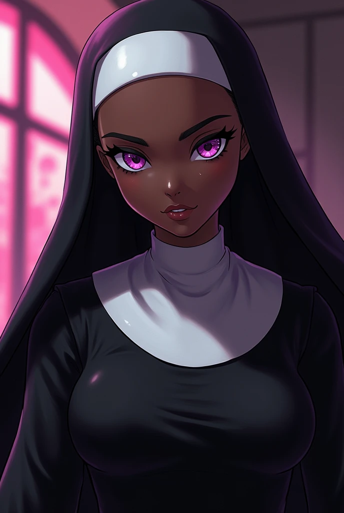 Hight quality, anime, mature, very beautiful woman, black woman, nun suit, menacing look, purple eyes,