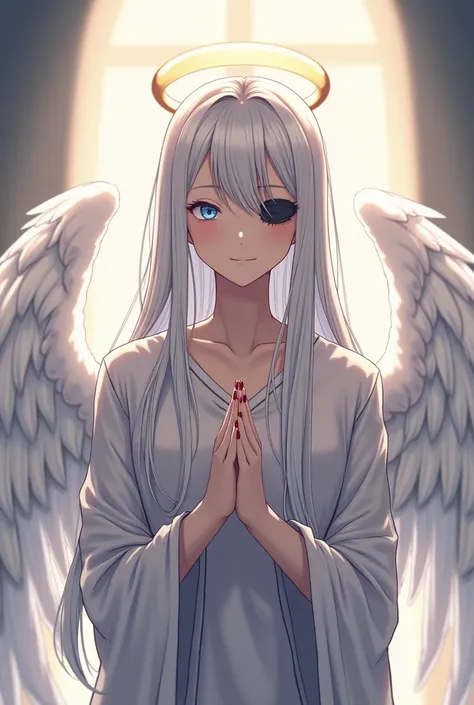 Masterpiece, 8K, insanely perfect human body depiction, beautiful illustration, long silver hair, blue eyes, (((eyepatch on right eye))) cute and cool, saint, white angel wings, holy garment, holy symbol, looking at camera, smiling, backlit silhouette,