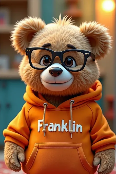 
" A cute teddy bear with a friendly expression ,  wearing large dark glasses and an orange hoodie . in the sweatshirt,  is written Franklin in white letters . The background is slightly blurred ,  with vibrant tones that highlight the little bear and crea...