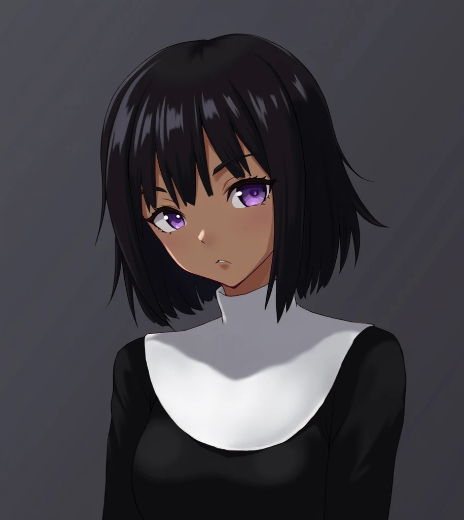 Hight quality, anime, mature, short haircut, black hair, very beautiful woman, black woman, nun suit, menacing look, purple eyes,