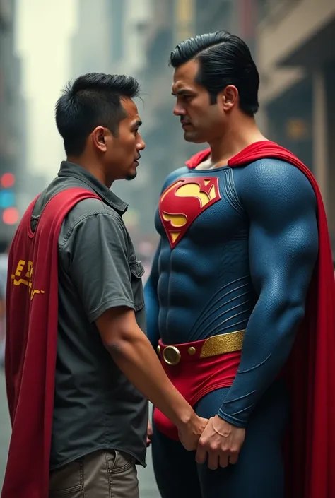 Superman again ran ,  his underpants pulled Indonesian man who was bepenapil short hair neat cut,  mugged superman panties 