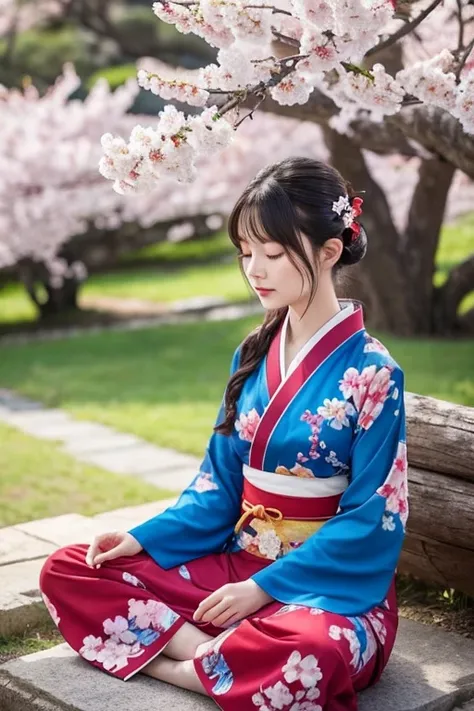  create a woman meditating。 The woman is wearing a blue and red floral kimono and 、There are cherry blossoms and pine trees in the background 。
