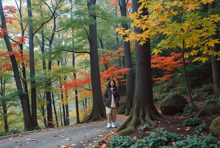 A beautiful short Korean woman in her 50s 、Short medium-length hair、 Top Quality 、Very detailed、 High quality detail 、8ｋ、autumn forest、 Beautiful Korean woman in her 50s . Im wearing a luxurious beige sweater and a luxury windbreaker jacket. Im wearing lux...