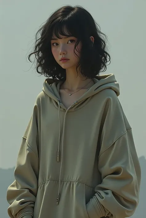 female student wearing thin oversized clothes with curly medium-short black hair