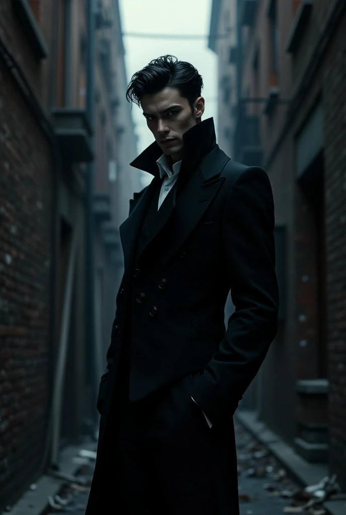 A male vampire with short black hair standing in an alley