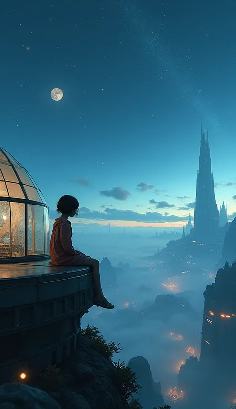  Best Quality , masterpiece,  Very Detailed , Detailed Background, animation,  1 Girl , young girl, Short girl, Science fiction, Science fiction, outdoor, night, Starry sky, greenhouse, megastructure, Biodome, landscape, wind景,  horizon , roof, sitting on ...