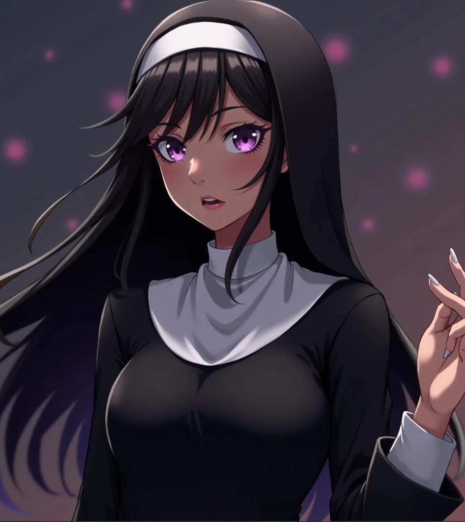 Hight quality, anime, mature, very beautiful woman, black woman, nun suit, menacing look, purple eyes, black hairs, 