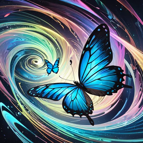 mysterious and fantastical art, jet black petals, deep blue butterflies, beautiful fusion of holograms and Aurora Diamond Vision, swirls, spirals, fault lines,  iridescent various effects, delicate and dynamic textures, contrasts of light and shadow, 2.5D,...