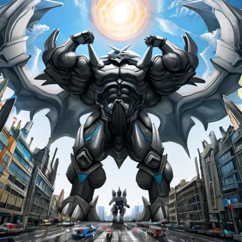 (giant mechanical aggron rampage through a city, crushing buildings beneath their unstoppable metal frames), (official art, 
bes...