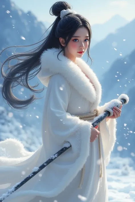 The painting depicts Asian female warrior with blue eyes wearing a white nightgown, holding a snow-white counterweight weapon, shining cold cough. The background is a mountain landscape with scattered snowflakes.